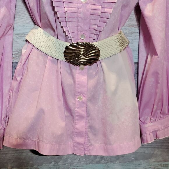 Hey Sue! Bob Mackie VINTAGE Upcycled Splatter Pink Ruffle Tux Blouse Sz L Button - Picture 4 of 11